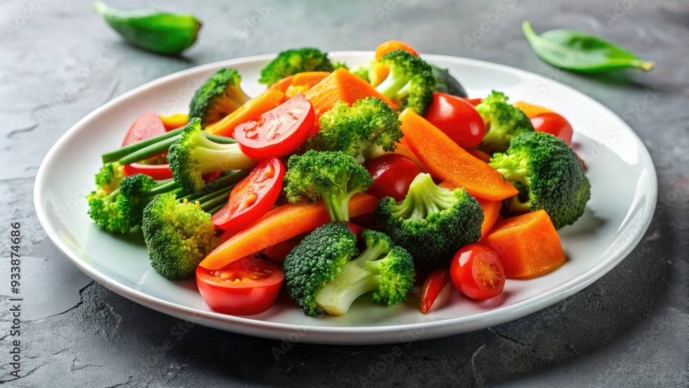 Vibrant, freshly cooked vegetables, including carrots, broccoli, and bell peppers, artfully arranged on a white ceramic plate against a clean, minimalist background. Vibrant, freshly cooked vegetables, including carrots, broccoli, and bell peppers, artfully arranged on a white ceramic plate against a clean, minimalist background.