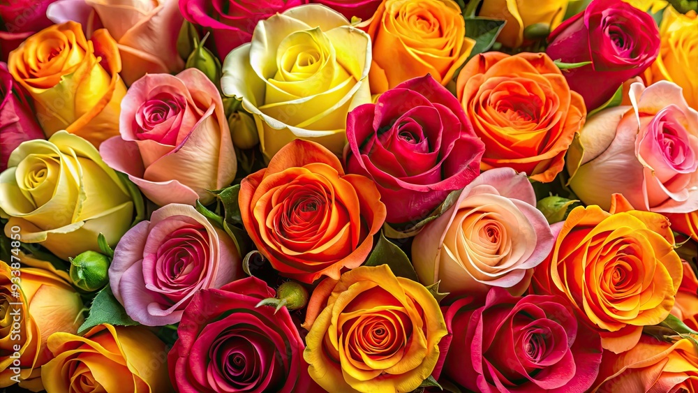 Naklejka premium Vibrant, freshly picked roses in shades of pink, yellow, orange, and red are gathered in a lush, overflowing bouquet, exuding warmth and elegance.