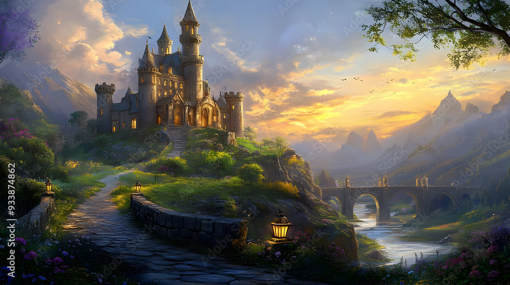 Fototapeta premium A Majestic Castle Stands Tall on a Hilltop, Surrounded by Lush Greenery and Majestic Mountains, with a Winding Path Leading to a Stone Bridge Over a Tranquil River