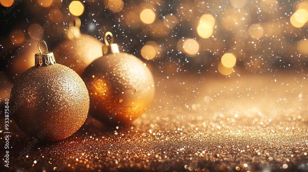 Glittering gold Christmas ornaments with soft bokeh lights at night Glittering gold Christmas ornaments with soft bokeh lights at night