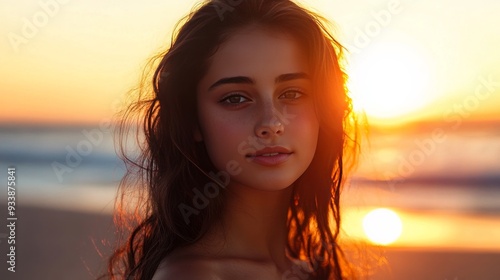 A young woman with brunette hair is pictured at sunset on the beach.