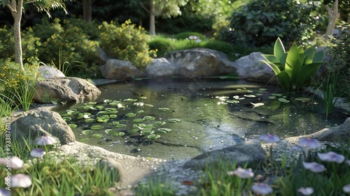 3D Illustration of a Serene Pond Surrounded by Lush Greenery