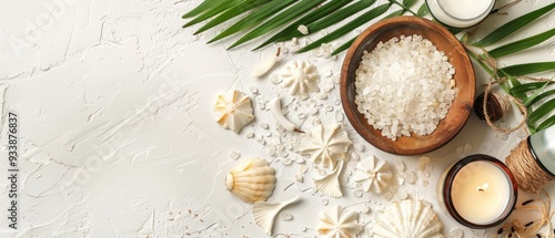 A white background with a bowl of salt and a bunch of shells