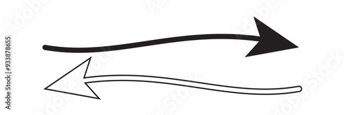 Curved arc shape dual side arrow. Long curved wavy black arrow pointing icon. Undulating arrow icon. 11:11