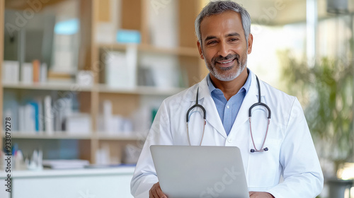 indian doctor using laptop, accessing electronic Health records, review patient medical history, make decisions about diagnosis and treatment plan