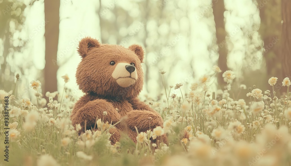 A cute teddy bear sits peacefully among wildflowers in a serene forest setting, evoking feelings of warmth and nostalgia. A cute teddy bear sits peacefully among wildflowers in a serene forest setting, evoking feelings of warmth and nostalgia.