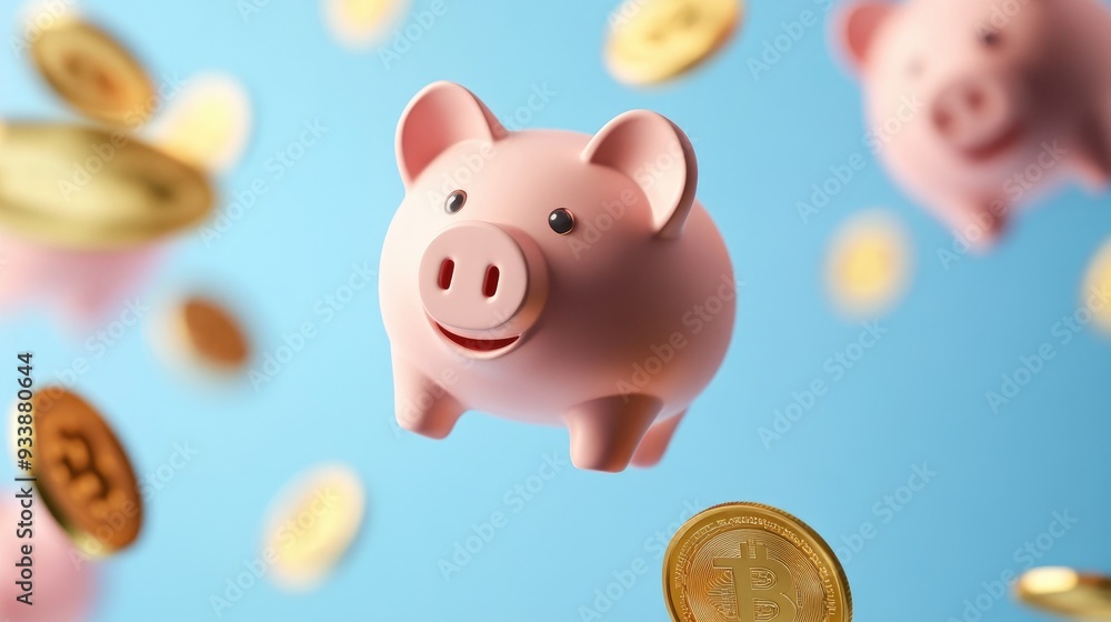 Floating piggy banks and gold coins, with a blank space for text, representing the idea of financial success and secure savings. Floating piggy banks and gold coins, with a blank space for text, representing the idea of financial success and secure savings.