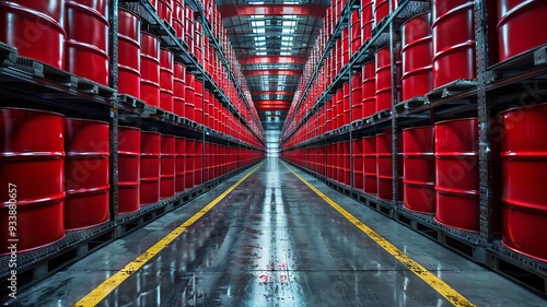 Vast warehouse with rows of red barrels and reflective floor photo