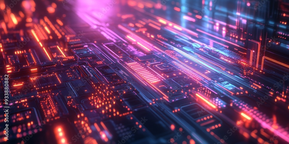 Naklejka premium Futuristic glowing firewall with complex circuitry, neon light reflecting off the digital barrier, protecting streams of data