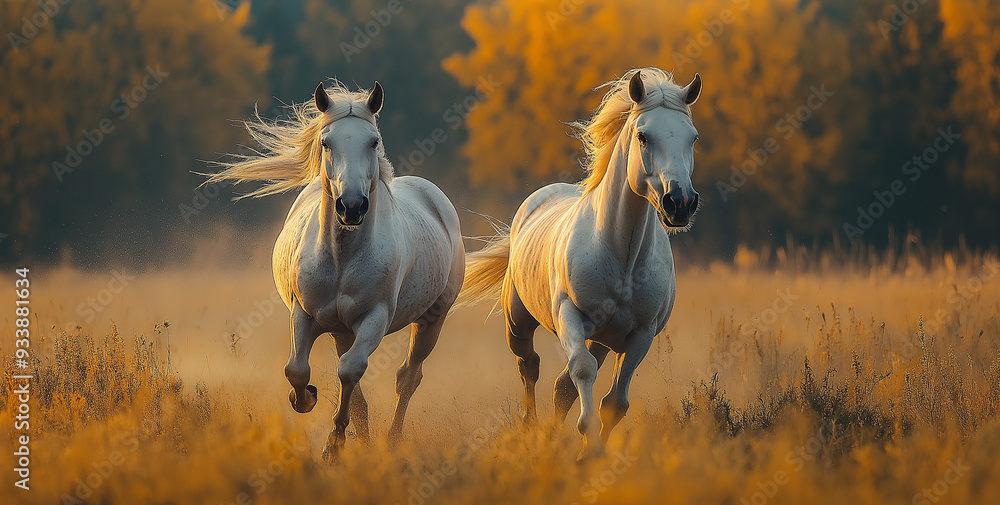 Obraz premium Two white horses are running through a field