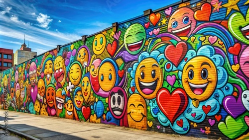 Vibrant graffiti mural featuring a colorful mix of stylized letters, abstract shapes, and smiling emoji faces, such as smiley faces and hearts, on a city wall.