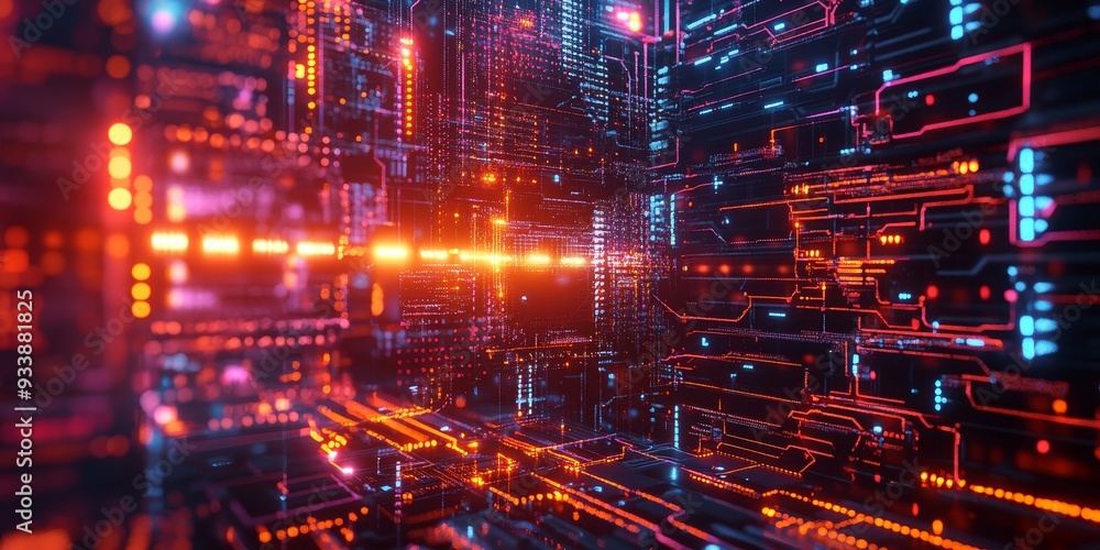 Fototapeta premium Futuristic glowing firewall with complex circuitry, neon light reflecting off the digital barrier, protecting streams of data