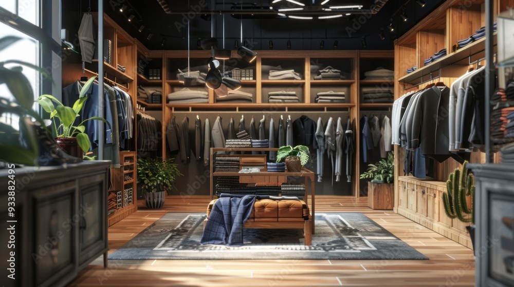 A cozy boutique displays an array of neatly arranged clothing on wooden shelves, accented by lush plants and artistic decor, creating an inviting shopping experience A cozy boutique displays an array of neatly arranged clothing on wooden shelves, accented by lush plants and artistic decor, creating an inviting shopping experience