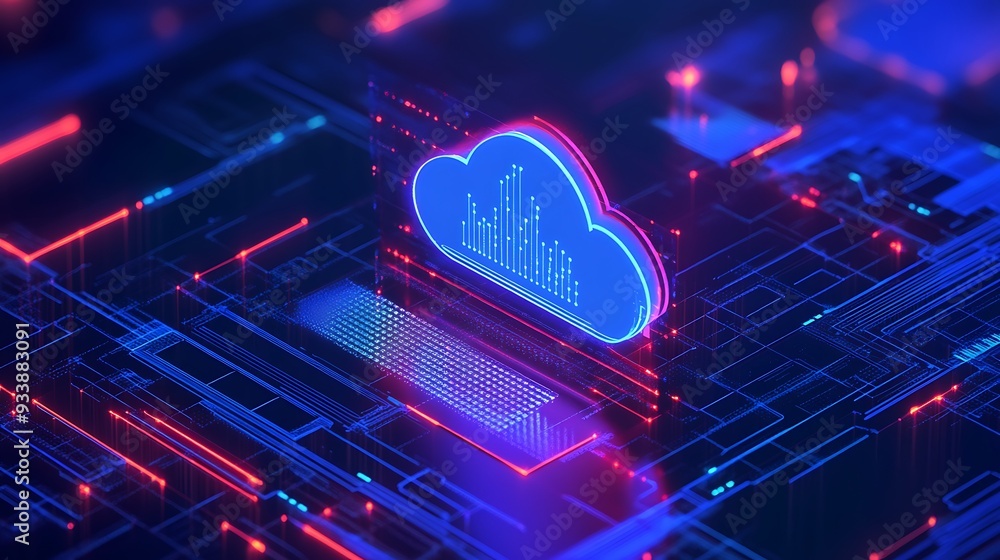 A glowing digital cloud icon on a futuristic circuit board, representing cloud computing technology and data storage solutions. A glowing digital cloud icon on a futuristic circuit board, representing cloud computing technology and data storage solutions.