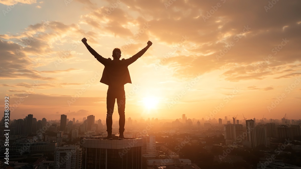 A victorious superhero silhouette on top of a skyscraper at sunset, representing triumph over adversity A victorious superhero silhouette on top of a skyscraper at sunset, representing triumph over adversity
