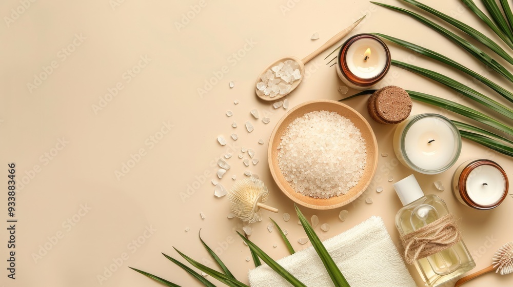 A table with a bowl of salt, a bottle of lotion, a bottle of oil A table with a bowl of salt, a bottle of lotion, a bottle of oil