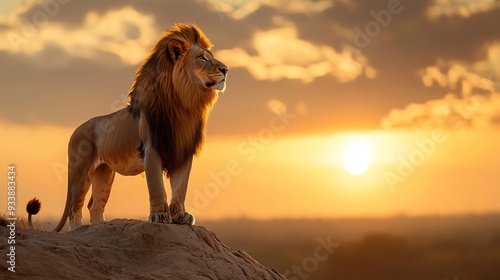 Wallpaper Mural Powerful lion standing atop a mountain, looking over a savannah as a symbol of dominance Torontodigital.ca