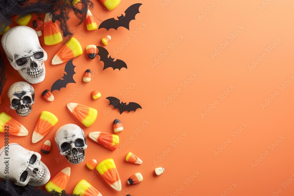 Halloween-themed flat lay with candy corn, skulls and bat silhouettes. Spooky vibe on a pastel orange background with big copy space. Halloween-themed flat lay with candy corn, skulls and bat silhouettes. Spooky vibe on a pastel orange background with big copy space.