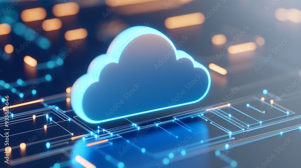 Abstract illustration of cloud computing concept, digital data storage, futuristic technology with glowing cloud icon and circuit board. Abstract illustration of cloud computing concept, digital data storage, futuristic technology with glowing cloud icon and circuit board.
