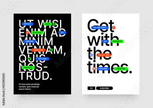 Layout template with geometric shapes and y2k patches, labels, tags, stickers for flyer, poster, cover, brochure or banner. 