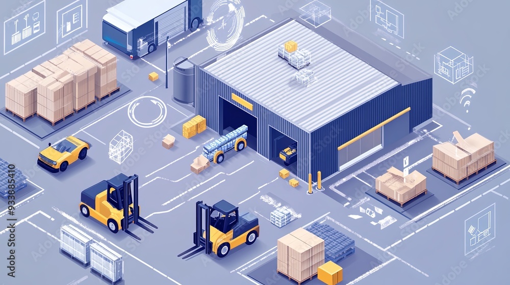 An isometric view of a modern warehouse with forklifts and trucks equipped with IoT devices, optimizing routes through a digital interface. An isometric view of a modern warehouse with forklifts and trucks equipped with IoT devices, optimizing routes through a digital interface.