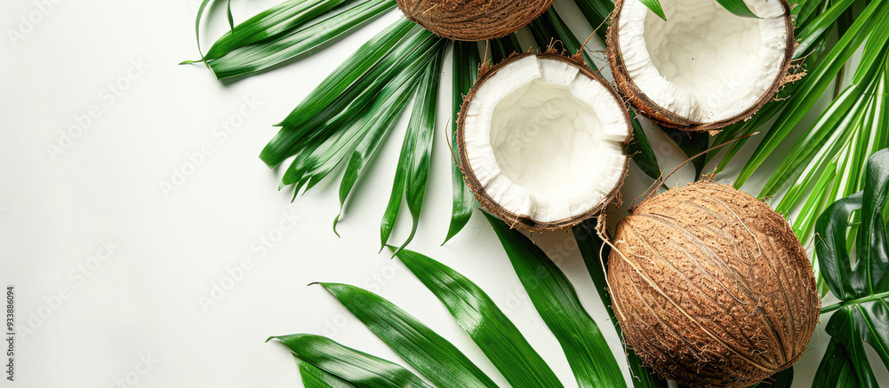 A close up of a coconut with the shell removed and a leaf next to it A close up of a coconut with the shell removed and a leaf next to it