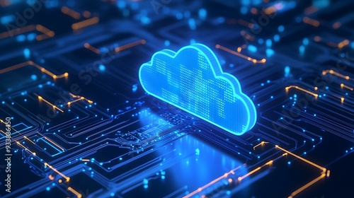 Digital cloud computing concept with a glowing blue cloud icon on a futuristic circuit board background, symbolizing data storage and technology.