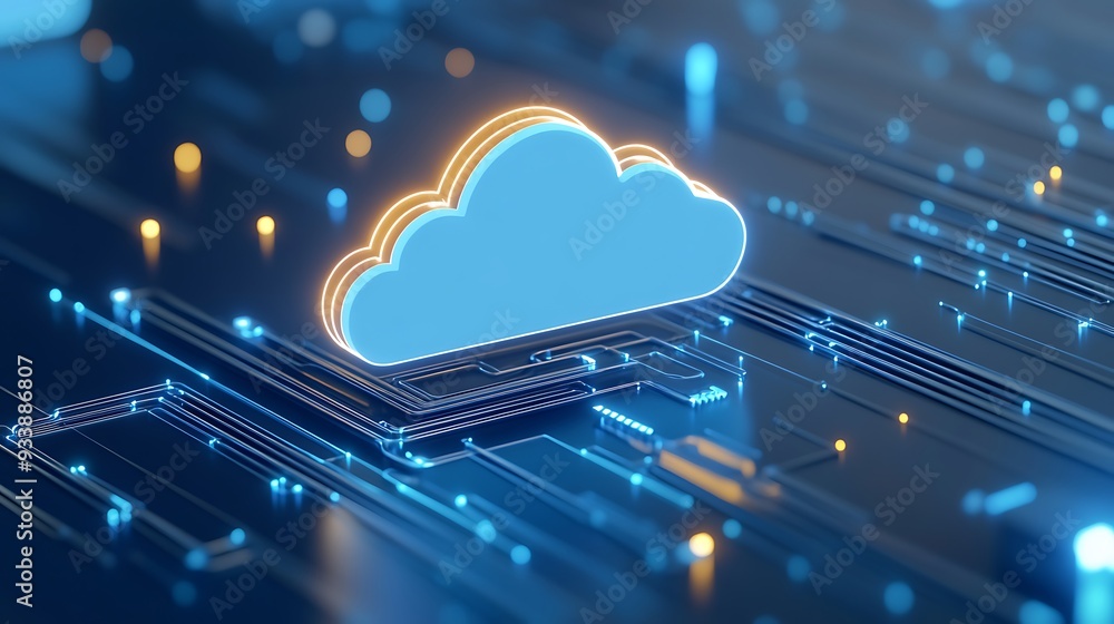 Digital cloud computing concept with neon lighted cloud icon and circuitry, representing modern technology and data storage solutions. Digital cloud computing concept with neon lighted cloud icon and circuitry, representing modern technology and data storage solutions.