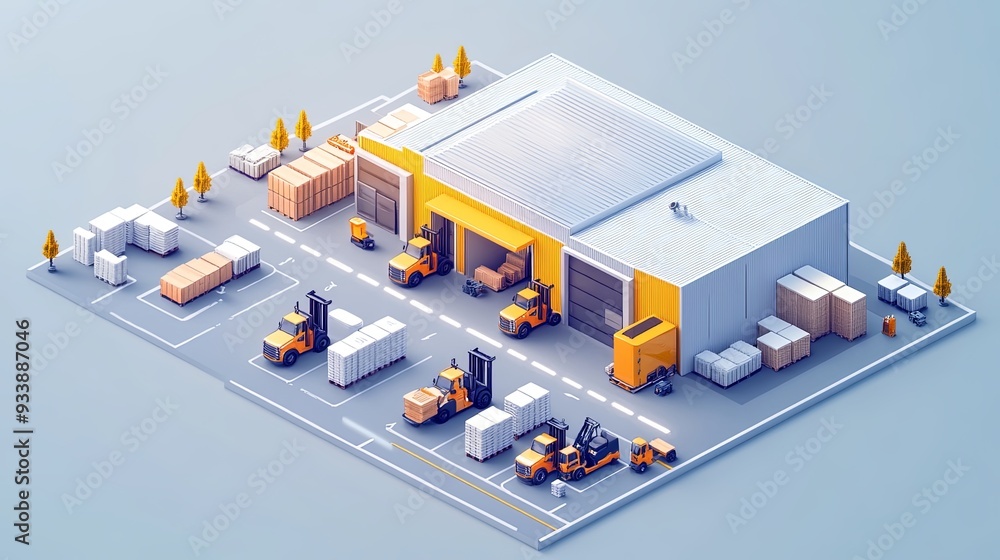 Isometric view of a high-tech warehouse where IoT technology enables forklifts and trucks to optimize their routes. Isometric view of a high-tech warehouse where IoT technology enables forklifts and trucks to optimize their routes.