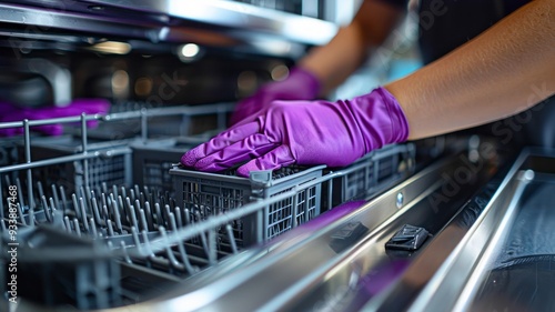 Person loading dishwasher with purple gloves