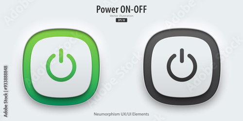 Power icon. A set of active and inactive buttons have neon lights with Power symbols. 3D button trendy neumorphic style for apps, websites, interfaces. UI UX elements. Vector illustration.