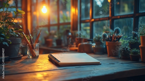 Cozy workspace with plants and warm lighting