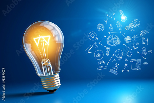 A light bulb surrounded by symbols of knowledge. clean and minimal. Vectorized hand-drawn illustration with flat colors on a dark blue background 