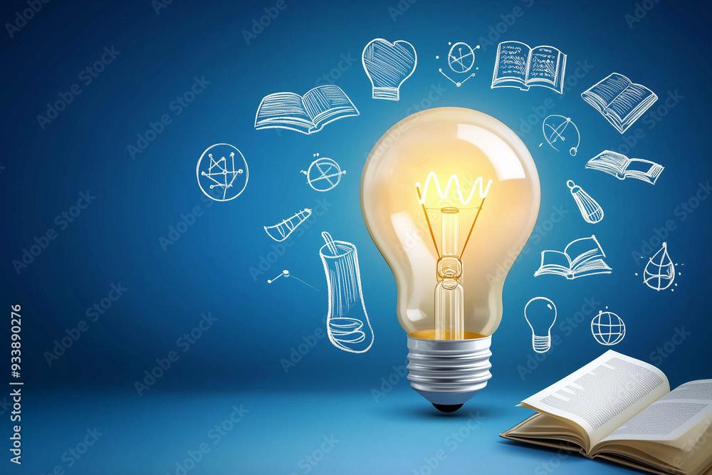 A light bulb surrounded by symbols of knowledge. clean and minimal. Vectorized hand-drawn illustration with flat colors on a dark blue background A light bulb surrounded by symbols of knowledge. clean and minimal. Vectorized hand-drawn illustration with flat colors on a dark blue background