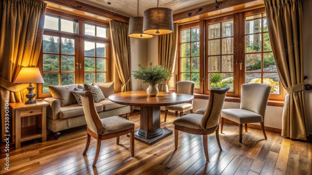 Cozy room interior with wooden table surrounded by comfortable chairs, near a large window with curtains, surrounded by a beautiful house's warm and inviting atmosphere. Cozy room interior with wooden table surrounded by comfortable chairs, near a large window with curtains, surrounded by a beautiful house's warm and inviting atmosphere.