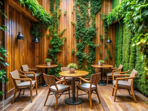 Cozy solid wood cafe tables and chairs are beautifully arranged against a warm wooden wall adorned with lush ivy plants, evoking a natural ambiance.