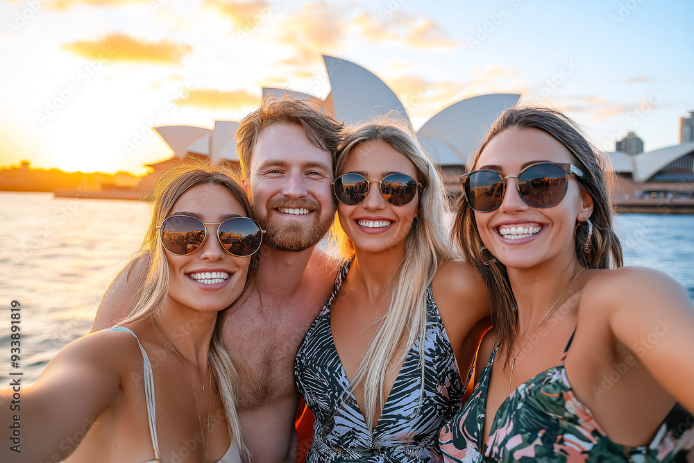Friends Capturing Joyful Memories Against a Stunning Sunset Near Iconic Architecture. Friends Capturing Joyful Memories Against a Stunning Sunset Near Iconic Architecture.