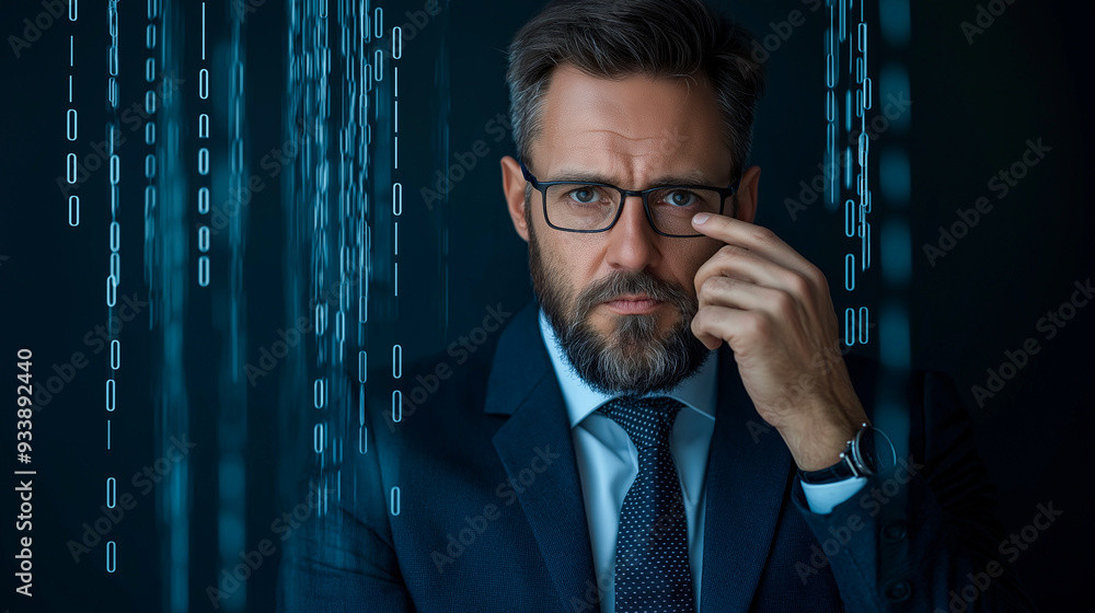 Businessman Analyzing Data in a Digital World Surrounded by Streams of Falling Binary Numbers Businessman Analyzing Data in a Digital World Surrounded by Streams of Falling Binary Numbers