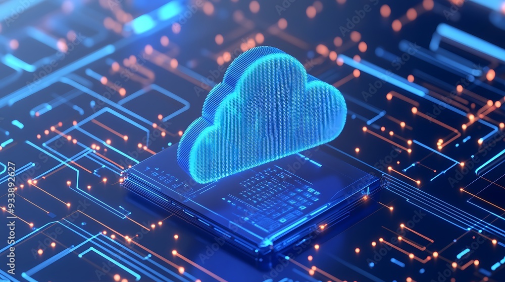 Futuristic cloud computing technology concept, blue cloud icon on digital circuit board background, representing data storage and network connections. Futuristic cloud computing technology concept, blue cloud icon on digital circuit board background, representing data storage and network connections.