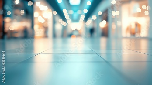 A serene shopping mall floor capturing soft light reflections amidst a blurred background of modern store displays.