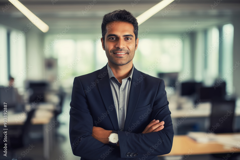 Fototapeta premium Portrait confident happy smiling Hispanic businessman standing in the office and looking at camera