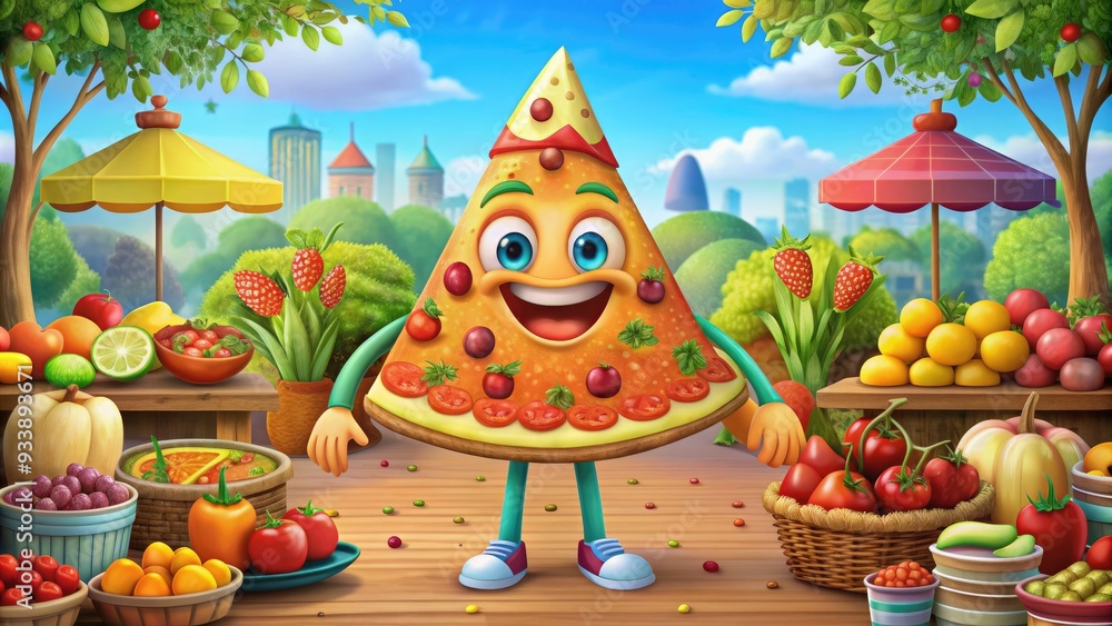 Naklejka premium Vibrant illustration of a smiling pizza slice character standing in front of a colorful fruit stand, surrounded by fresh produce and playful kitchen utensils.