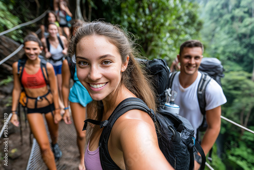 Adventure Awaits: Friends Hiking Through a Lush Jungle, Capturing the Joy of Nature Together