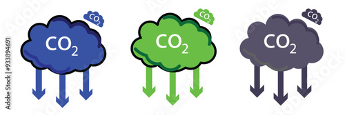 Cloud co2 symbol with down arrow vector outline icon set. Reduce carbon dioxide sign concept illustration. co2, carbon dioxide emissions icon vector.