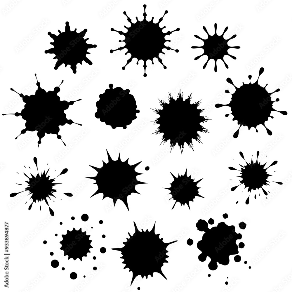 Bold black ink splashes arranged on a white background Bold black ink splashes arranged on a white background