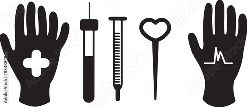 A simple vector icon set featuring a medical glove, test tube, heart rate, and thermometer