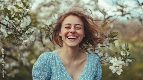 A woman wearing a blue dress and having flying hair in the springtime smiles broadly at the camera while standing next to an apple tree that is in bloom.