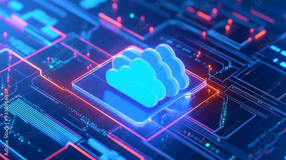 Futuristic digital cloud technology concept, showing data storage and network computing in a vibrant and glowing electronic circuit. Futuristic digital cloud technology concept, showing data storage and network computing in a vibrant and glowing electronic circuit.
