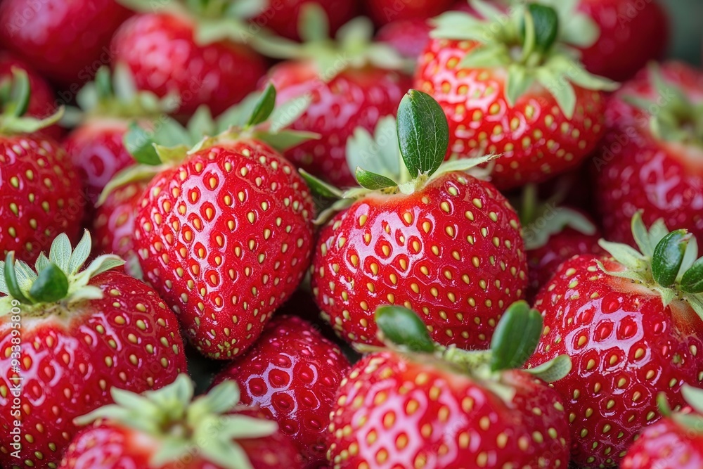 An abundant background of ripe, red strawberries, showcasing their natural freshness and summer appeal, with a focus on texture and color An abundant background of ripe, red strawberries, showcasing their natural freshness and summer appeal, with a focus on texture and color