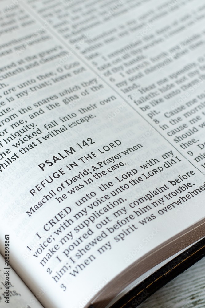 Psalm 142, refuge in the LORD biblical verses in open holy bible book. Close-up. Christian concept of God's care, protection, and help in trouble. Psalm 142, refuge in the LORD biblical verses in open holy bible book. Close-up. Christian concept of God's care, protection, and help in trouble.